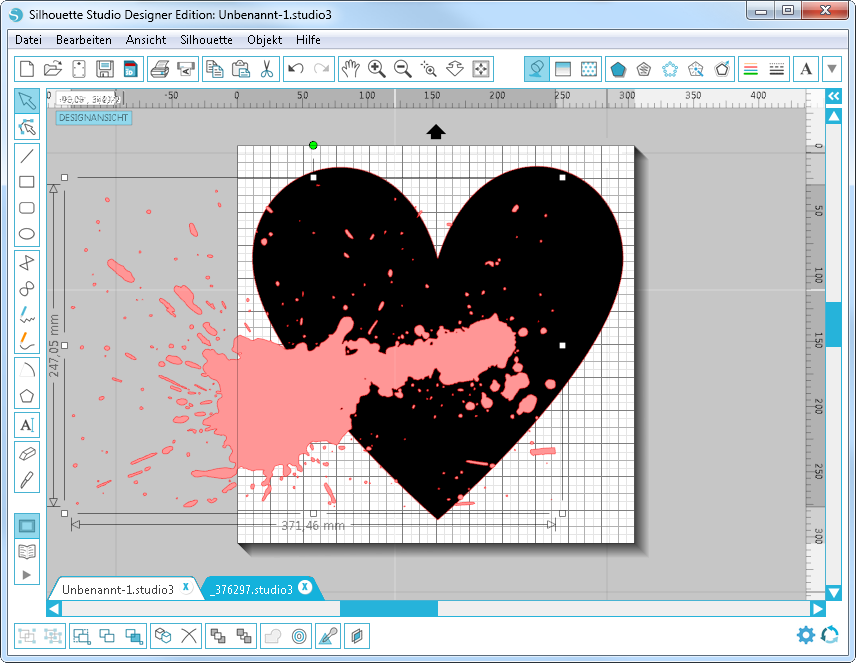 Herzmotiv wird von einem anderen Motiv überlappt, auf Arbeitsfläche in der Silhouette Software