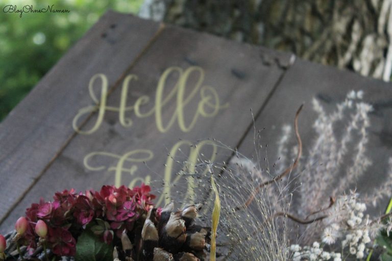 Detailaufnahme der Vinylfolie „Hello Fall“ auf Holz mit Pflanzen-Deko