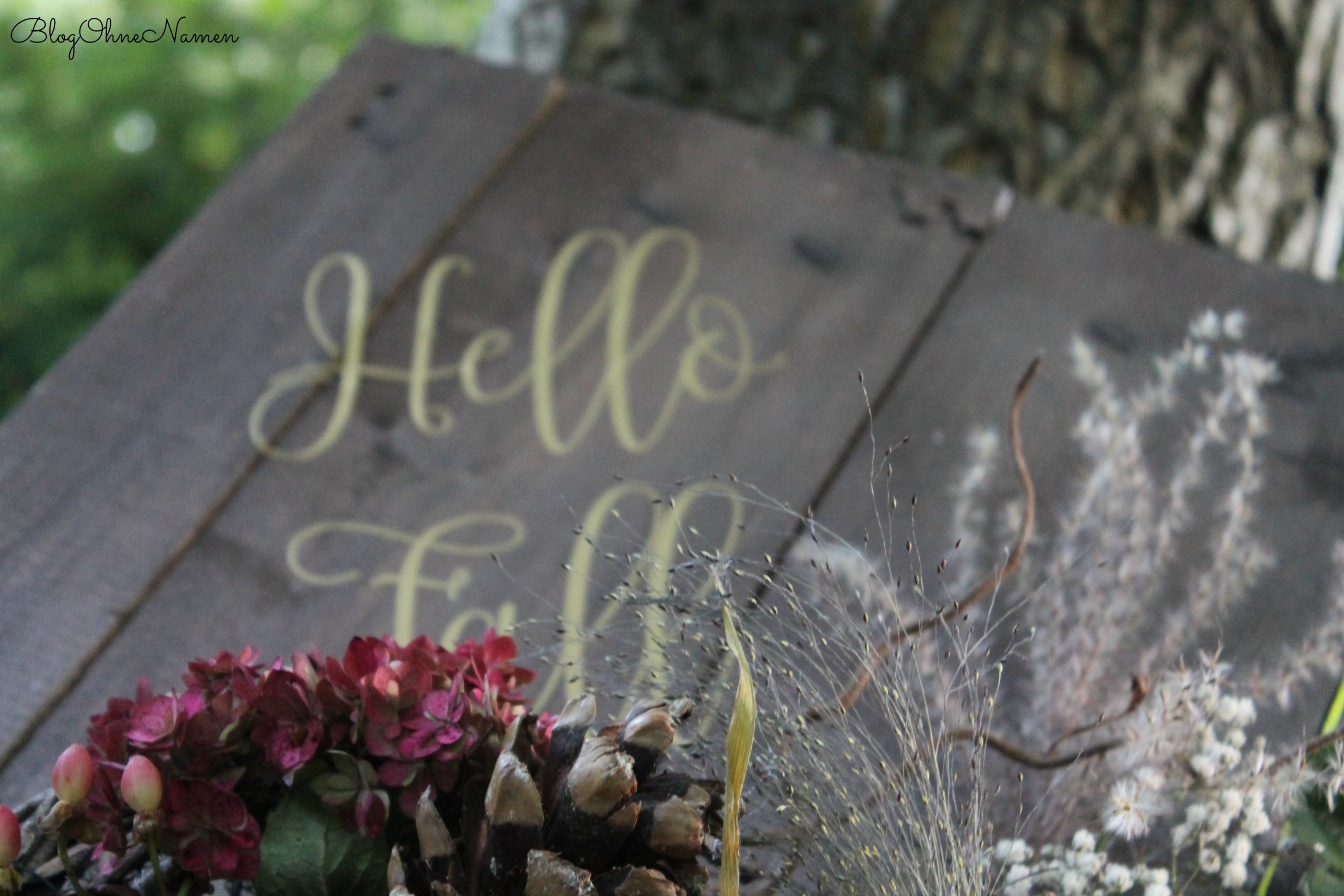 Detailaufnahme der Vinylfolie „Hello Fall“ auf Holz mit Pflanzen-Deko